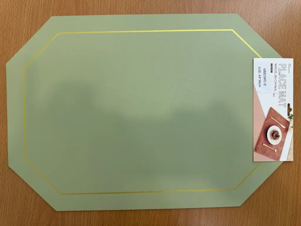 ON-5619 – Octagon PVC Placemat (Sage Green with Gold Trim & Gray Back) 