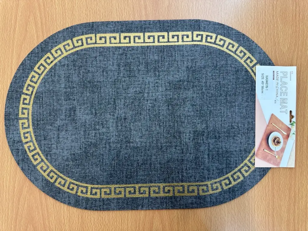 ON-5620 – Oval PVC Placemat (Textured Gray with Gold Greek Key Border) 