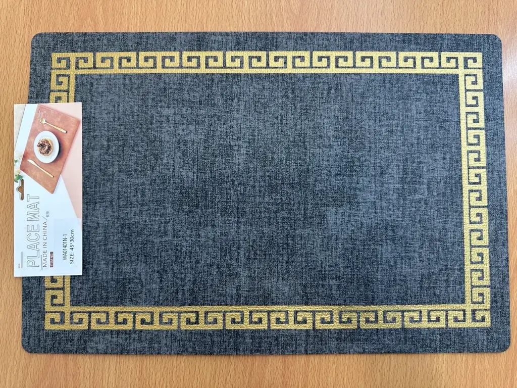 ON-5629 – Rectangular PVC Placemat (Black-Gray with Gold Greek Key Border)