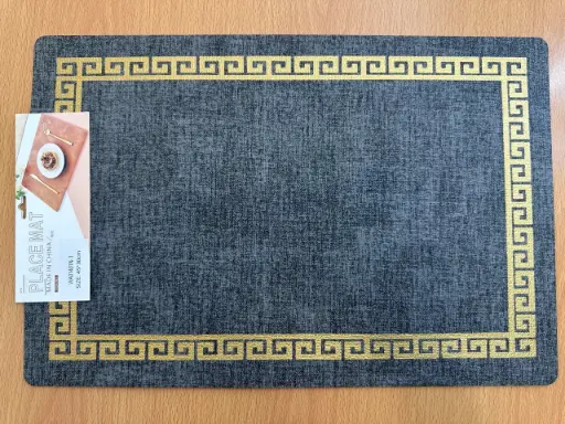 ON-5629 – Rectangular PVC Placemat (Black-Gray with Gold Greek Key Border)